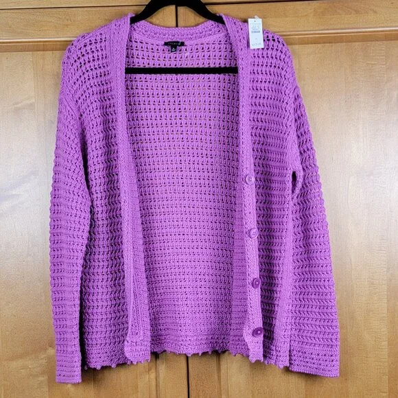 New Talbots Purple Open Knit Cotton V-Neck Cardigan Sweater - M - Picture 2 of 8
